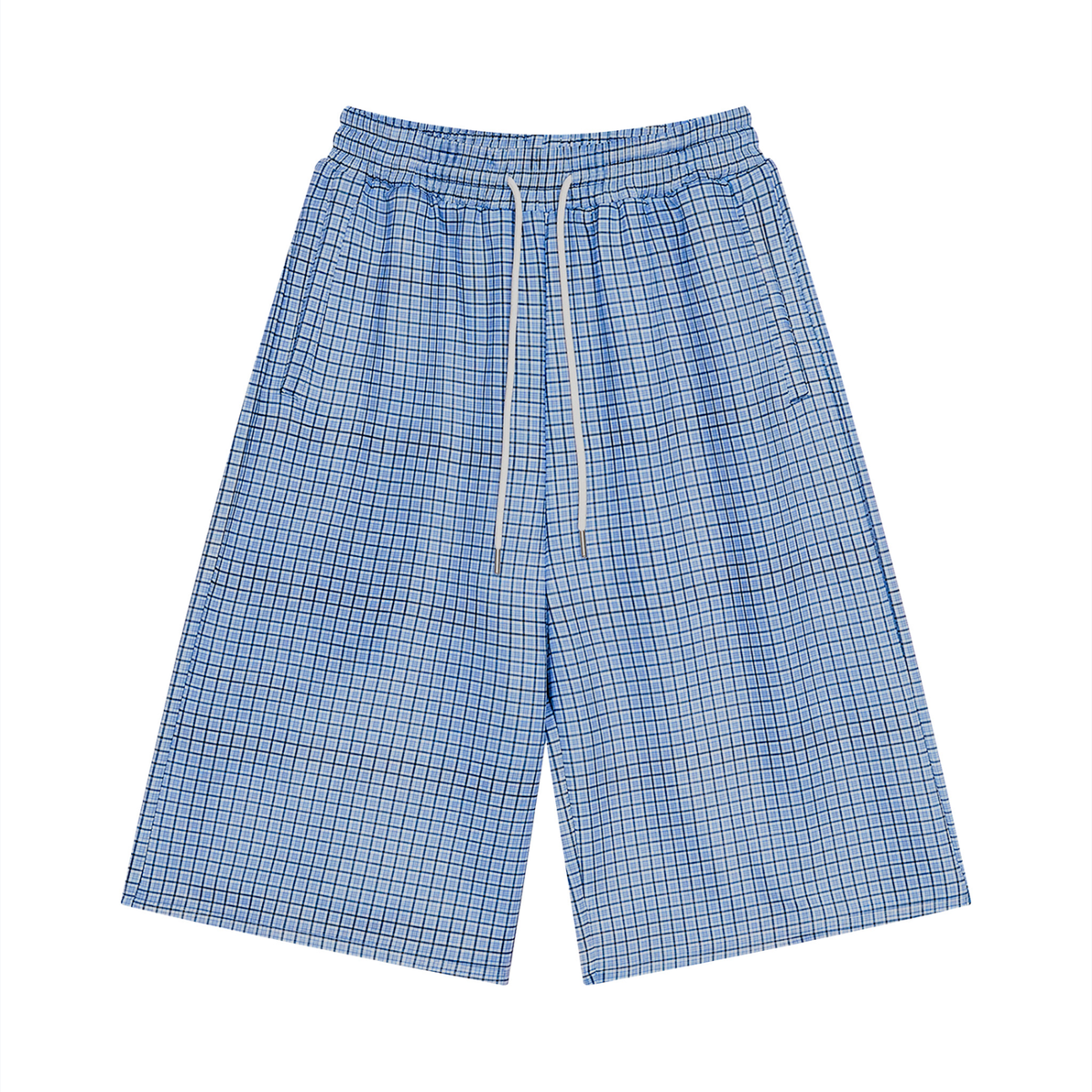 Sky blue plaid drawstring shorts with elastic waist and inner gray drawcord