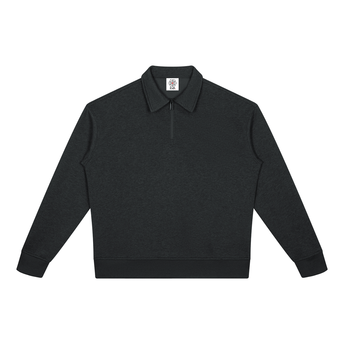 Black heather quarter-zip sweatshirt with stand collar and long sleeves, boxy fit.