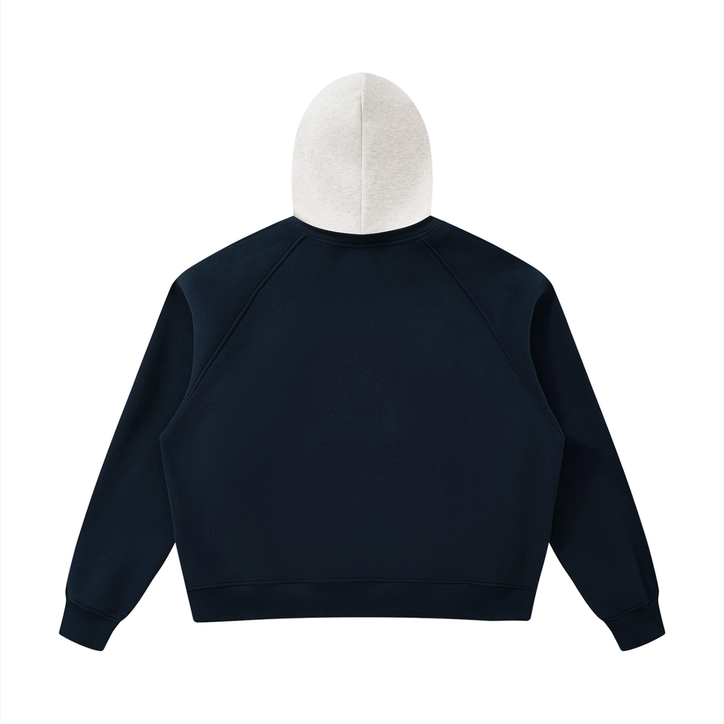 Fleece raglan hoodie, navy back with light gray hood