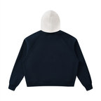Fleece raglan hoodie, navy back with light gray hood