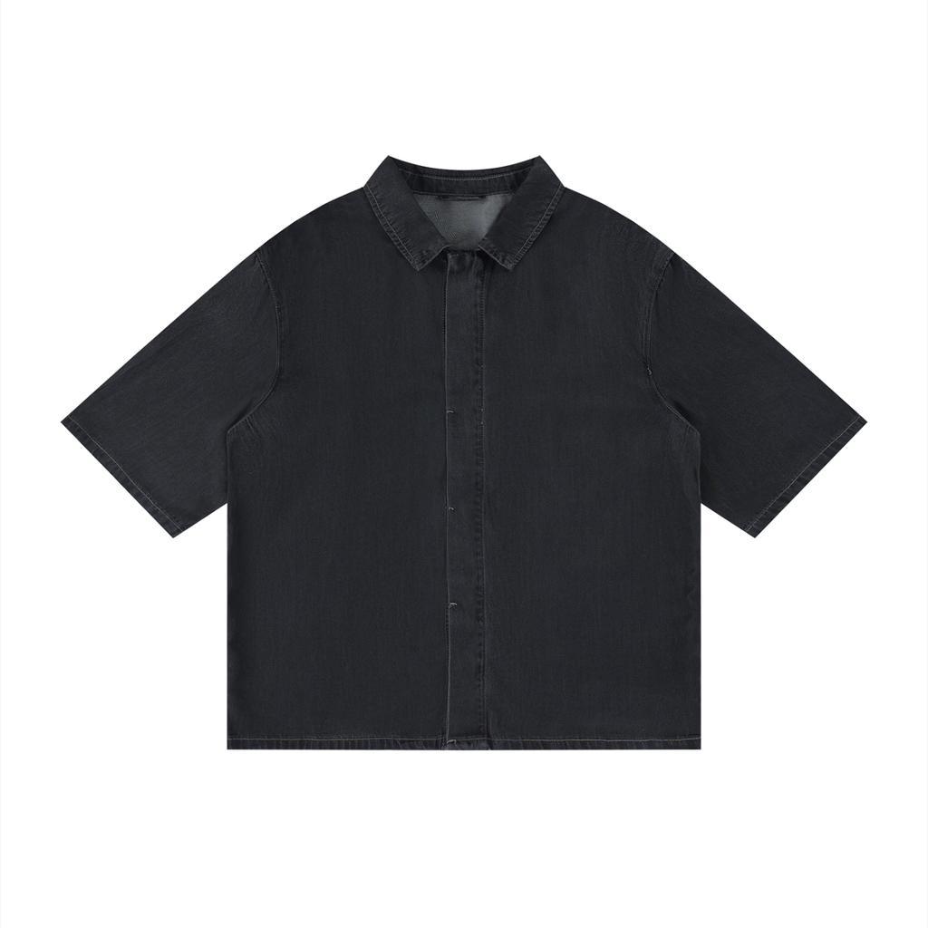Black vintage-wash lyocell drop-shoulder button-up shirt with pointed collar, short sleeves.