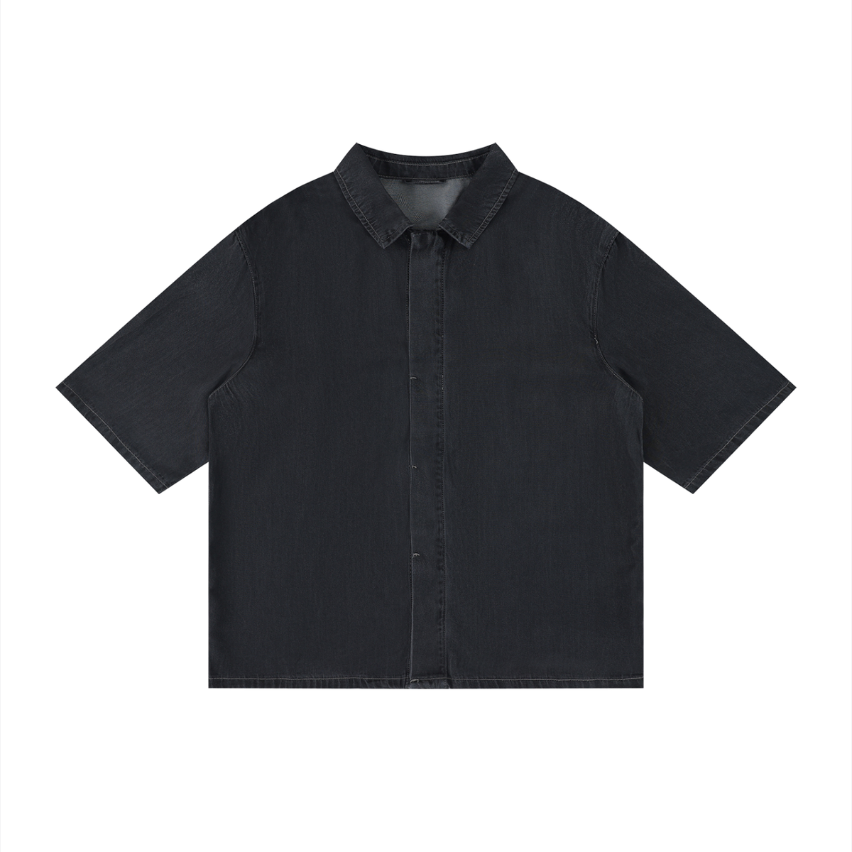 Black vintage-wash lyocell drop-shoulder button-up shirt with pointed collar, short sleeves.