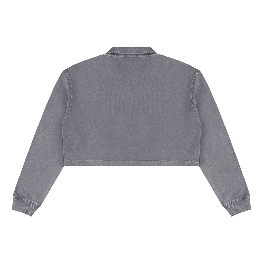 Dark gray vintage wash crop sweatshirt with ribbed cuffs and collar, back view