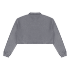 Dark gray vintage wash crop sweatshirt with ribbed cuffs and collar, back view