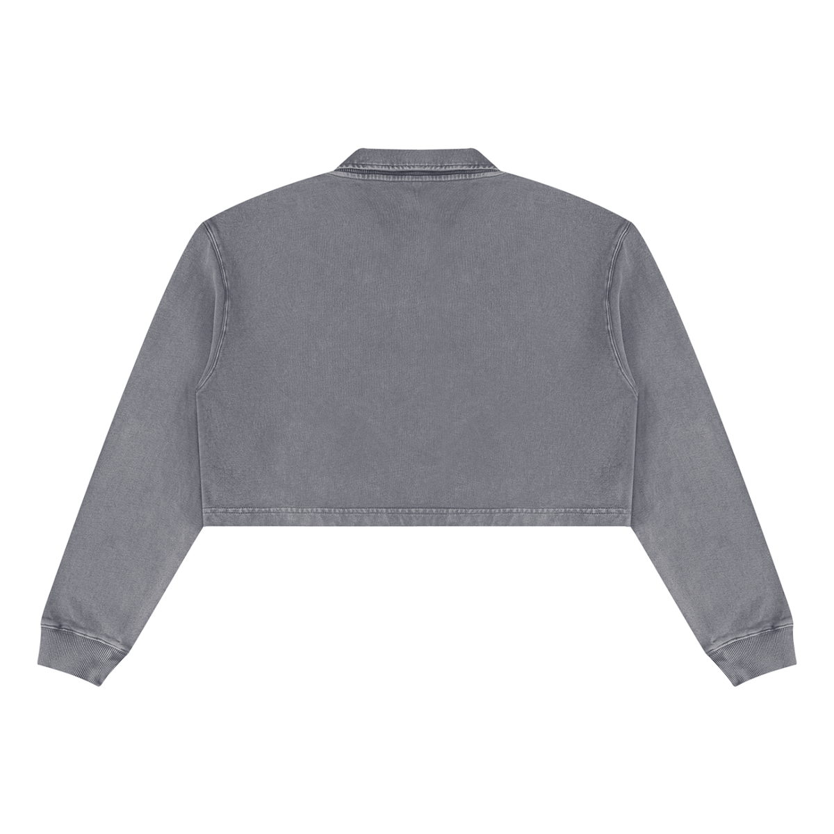 Dark gray vintage wash crop sweatshirt with ribbed cuffs and collar, back view