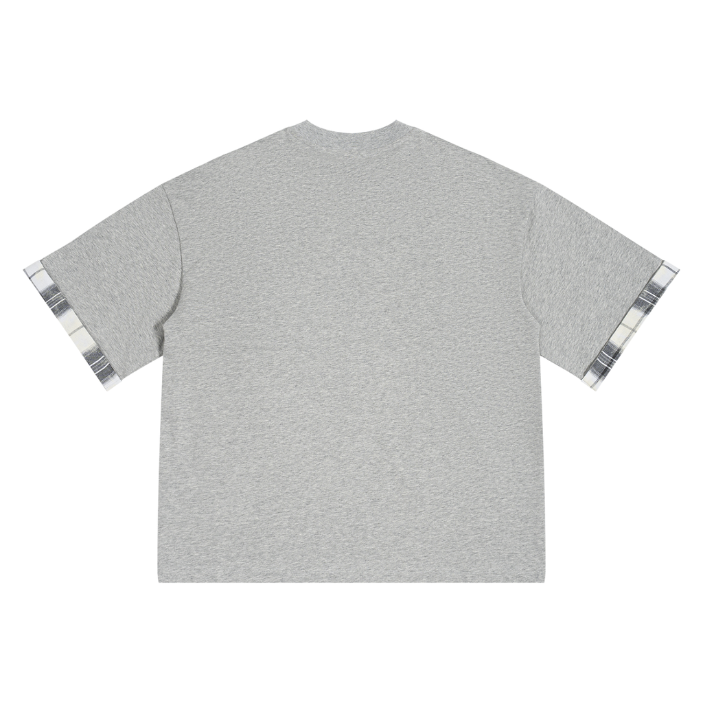 Light gray unisex T-shirt back view with plaid-cuffed sleeves