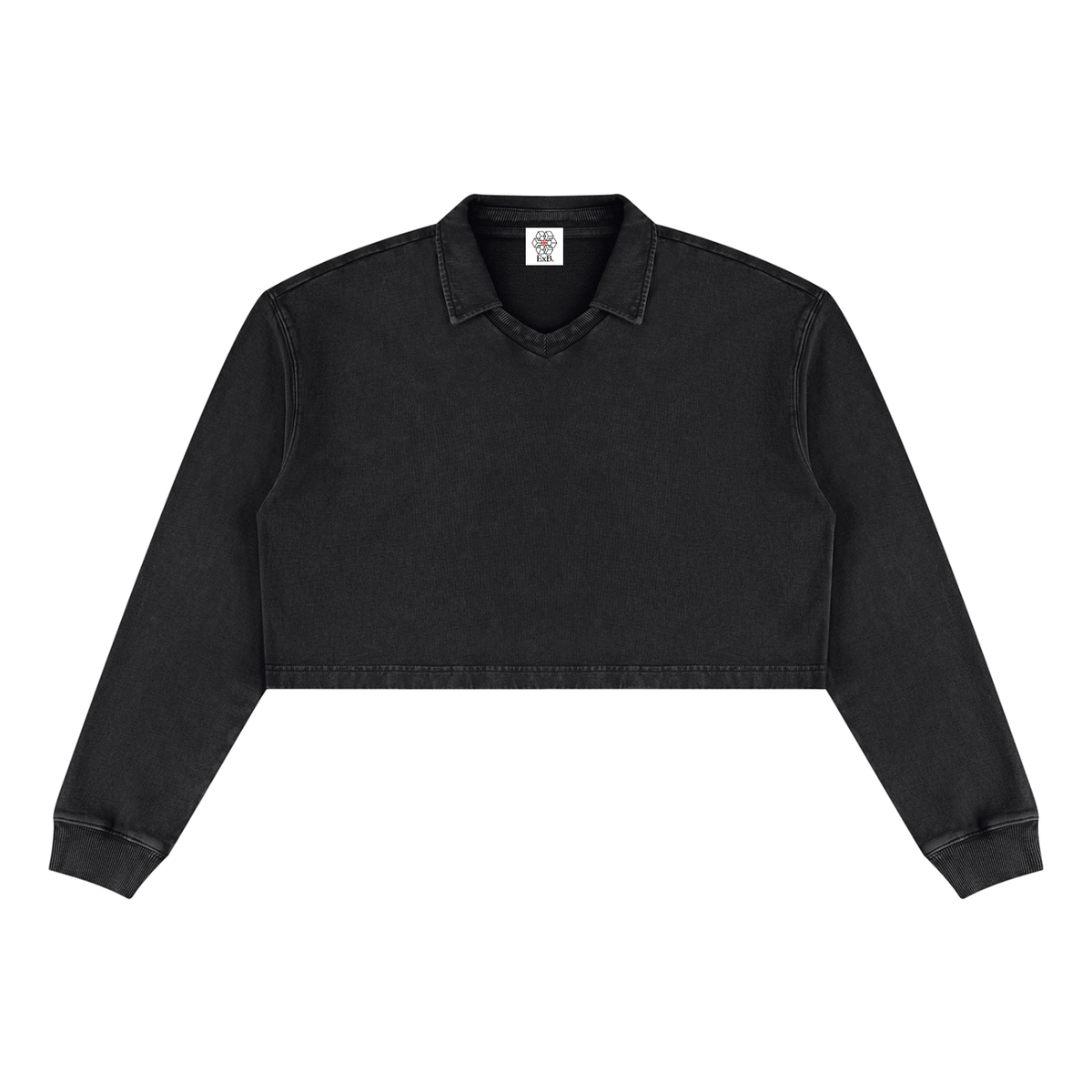 Black cropped sweatshirt with V-neck and long sleeves, vintage wash