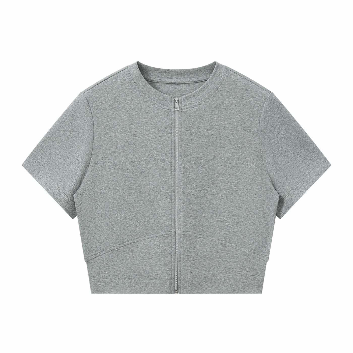 Gray paneling full-zip T-shirt with short sleeves and stand collar