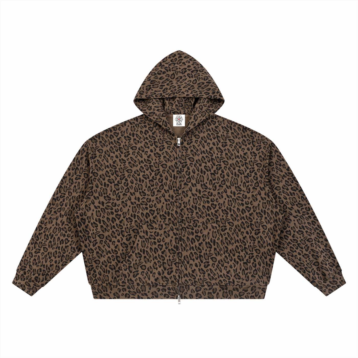 Unisex leopard-print waffle full-zip hoodie, brown spotted pattern