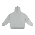 Light gray pullover hoodie back view with ruched sleeves and hood.