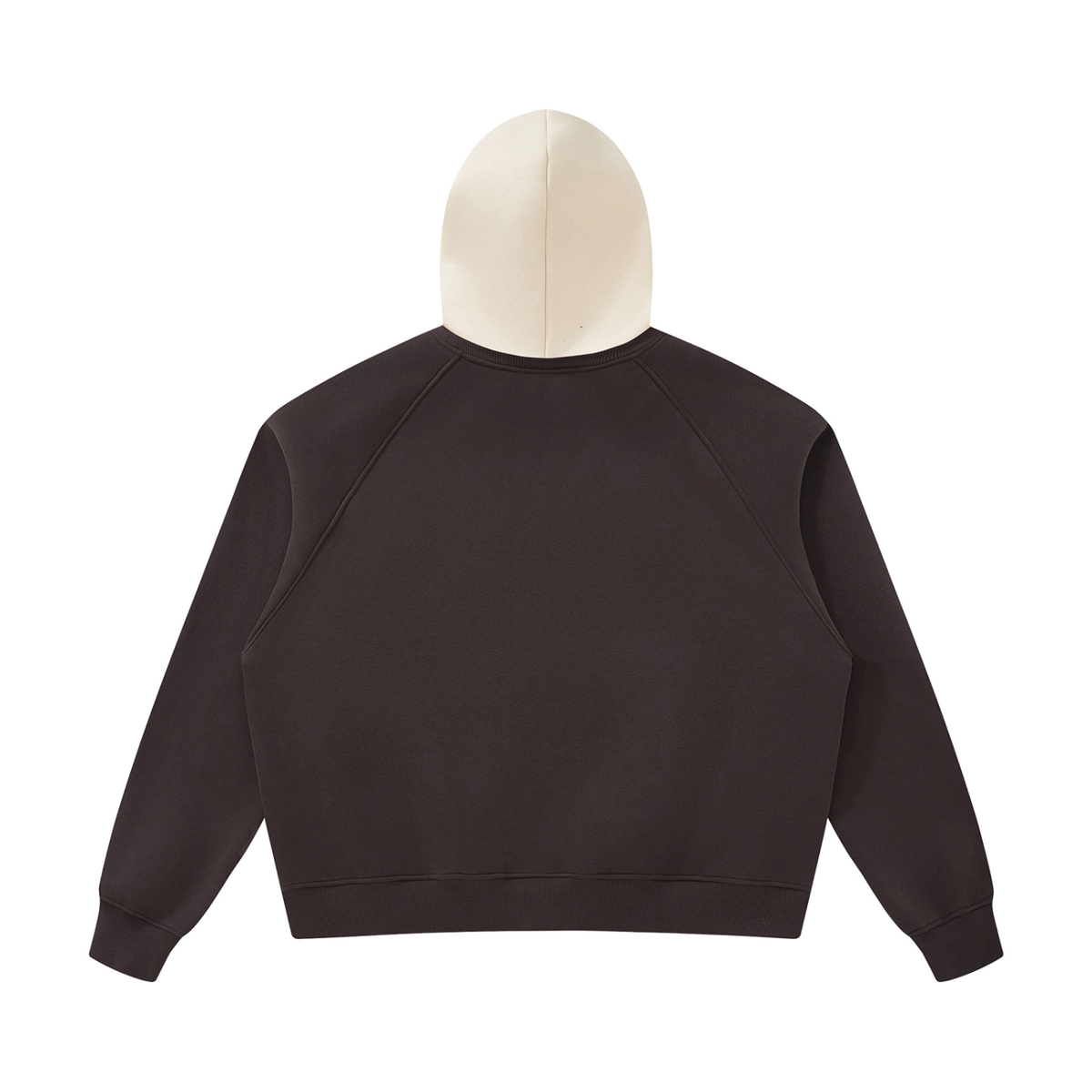 Fleece raglan hoodie, dark brown back with cream hood