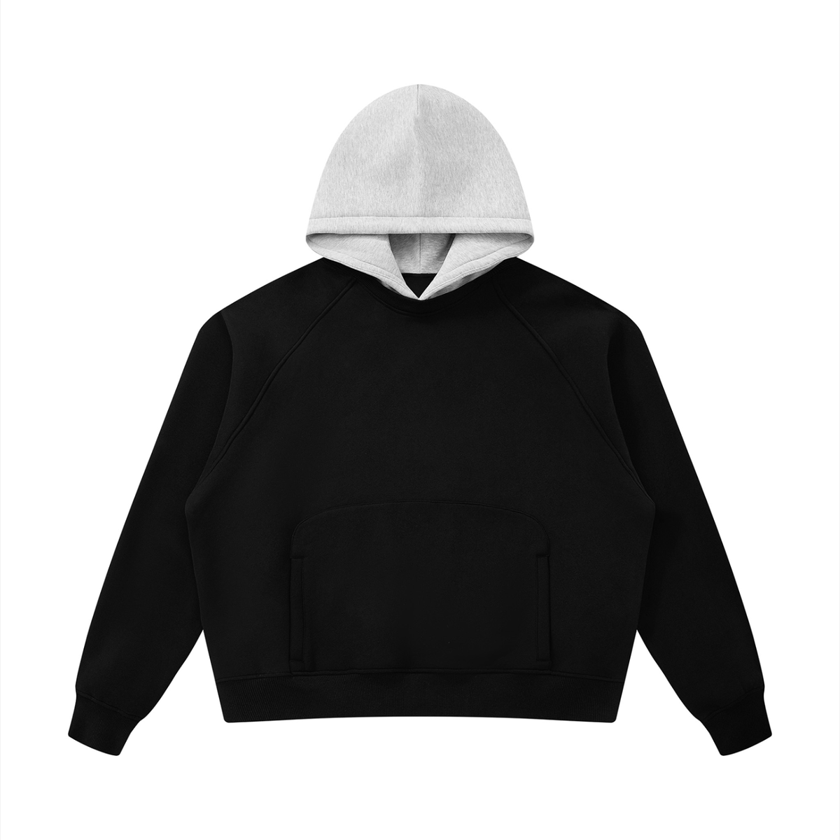Fleece raglan hoodie, black body with light gray hood and kangaroo pocket