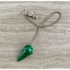 Malachite pendulum necklace with green striped stone and silver chain, metal clasp