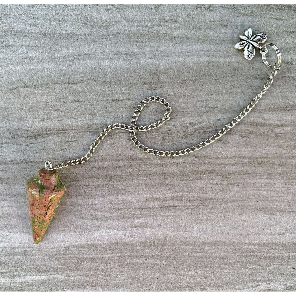 Unakite pendulum with silver chain and flower charm detail