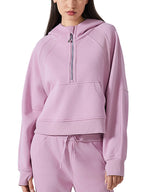 Cropped half-zip hoodie in lavender with ribbed cuffs and front quarter-zip