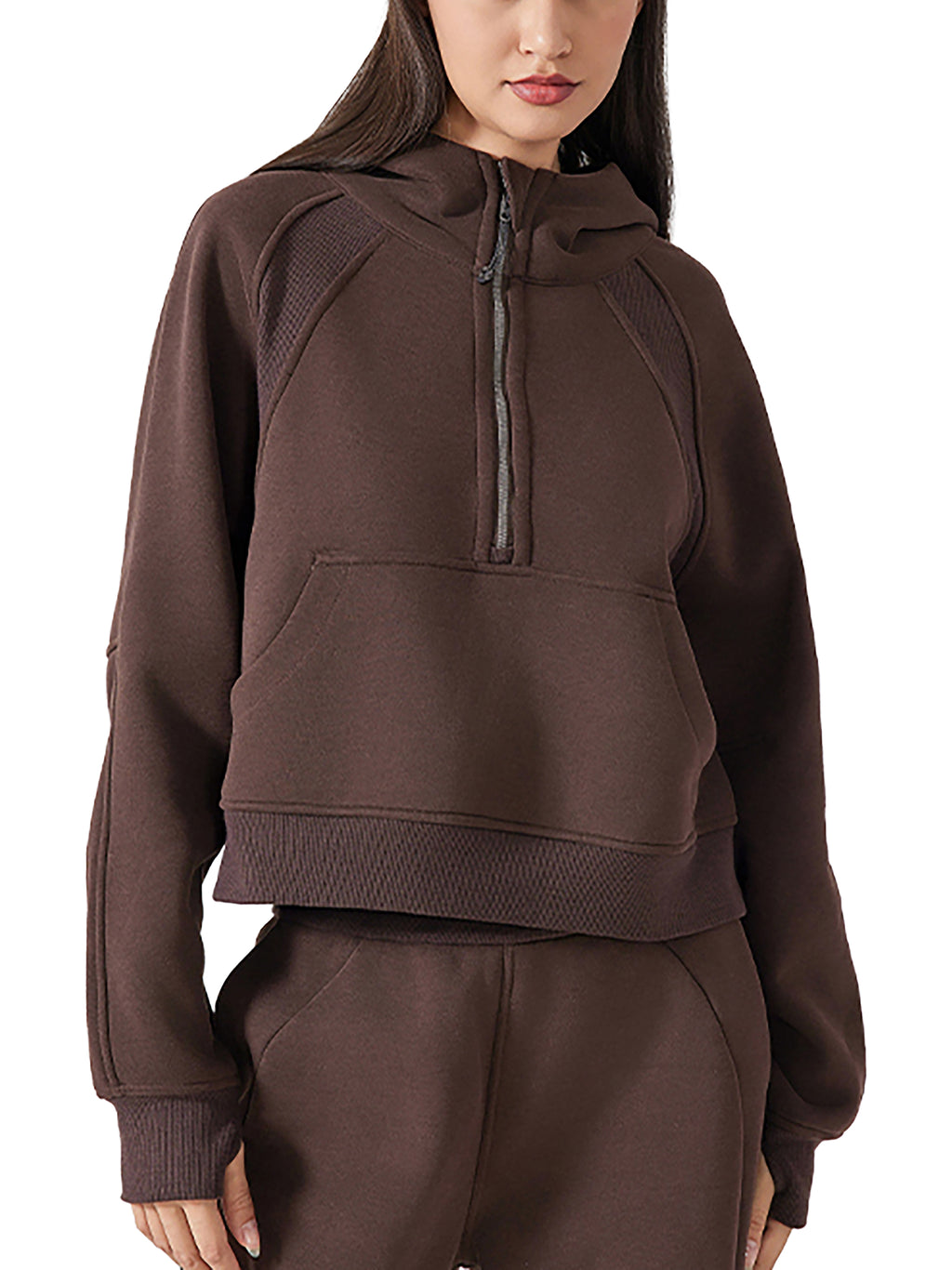 Cropped half-zip hoodie in dark brown with front quarter-zip and pullover hood