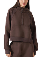 Cropped half-zip hoodie in dark brown with front quarter-zip and pullover hood