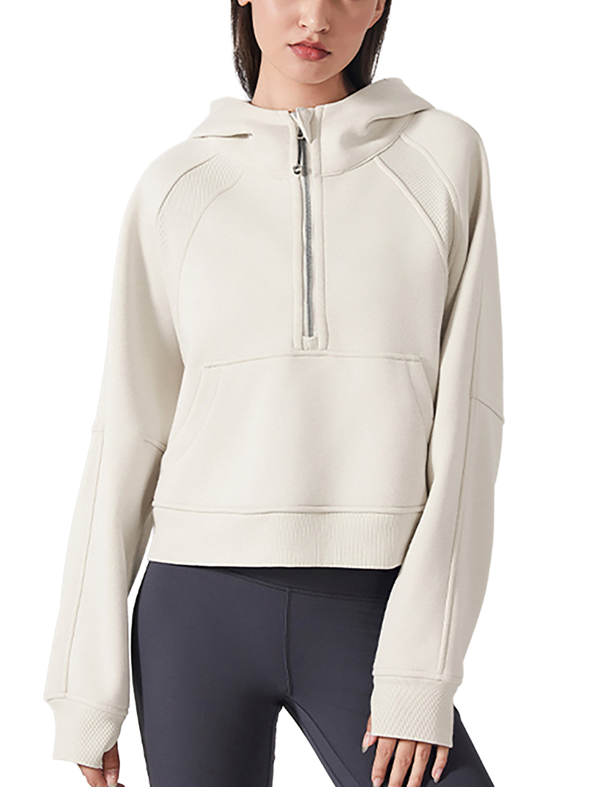 Cropped half-zip hoodie in light cream with ribbed trim and front zip placket