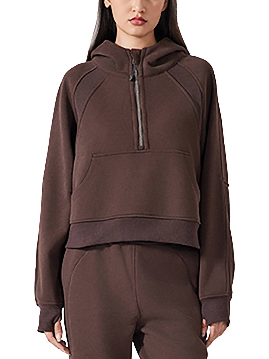 Cropped half-zip hoodie in dark brown with ribbed cuffs and front zip placket