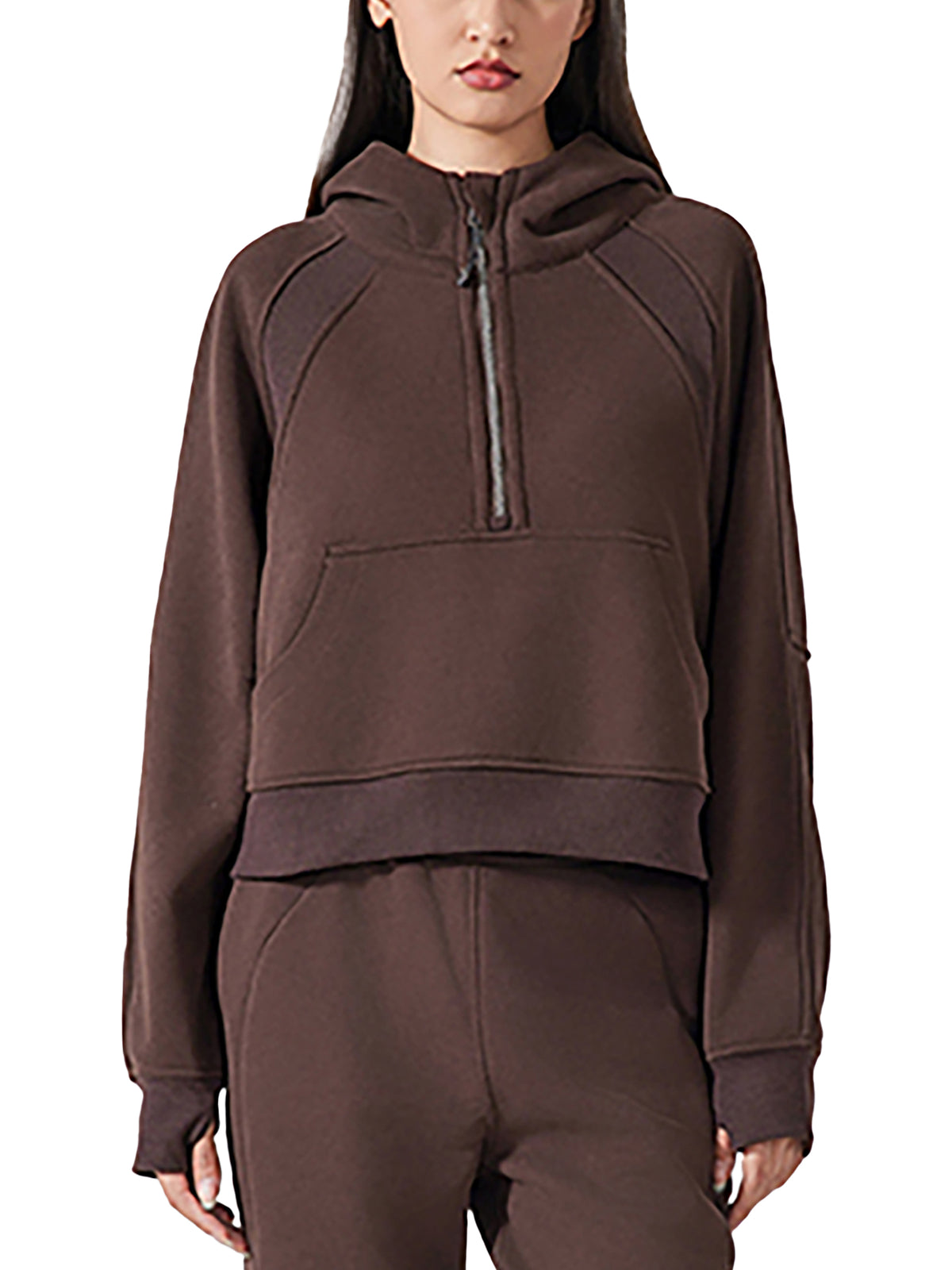 Cropped half-zip hoodie in dark brown with ribbed cuffs and front zip placket