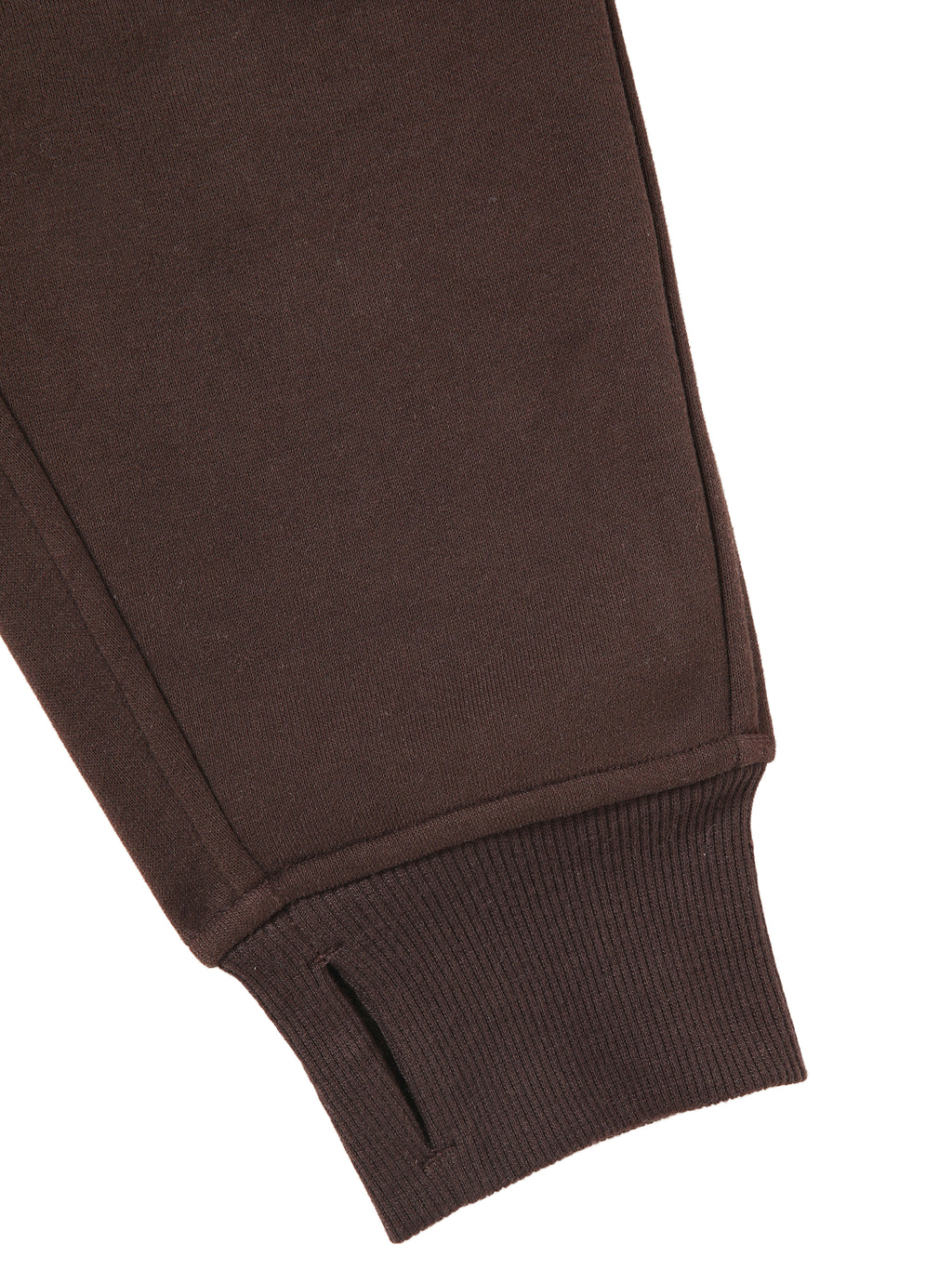 Cropped half-zip hoodie sleeve cuff in dark brown with ribbed knit finish