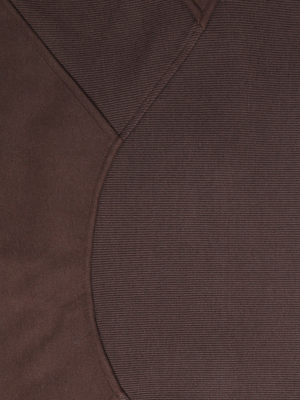 Cropped half-zip hoodie seam and ribbed fabric texture detail in dark brown