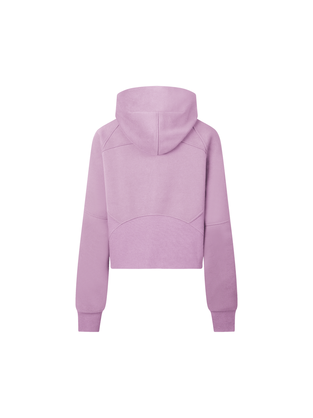 Cropped half-zip hoodie in lavender pink, back view with hood and centered seam