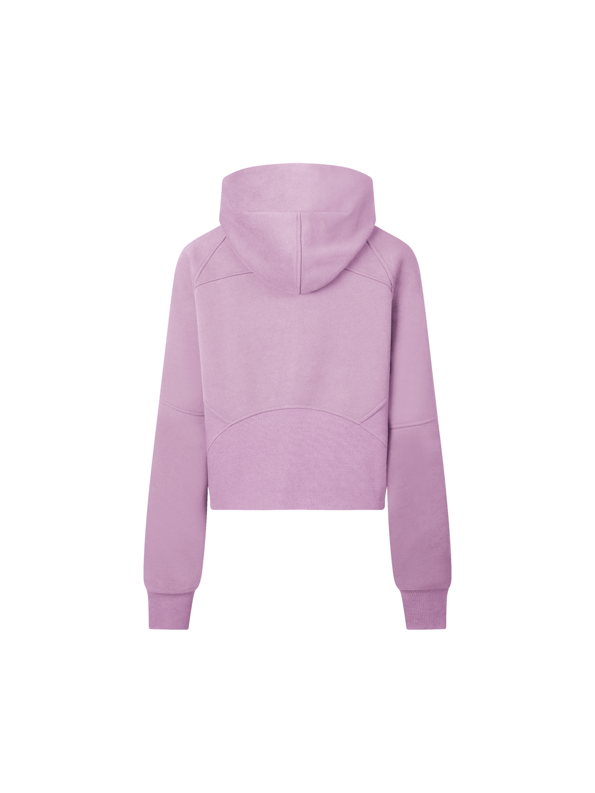 Cropped half-zip hoodie in lavender pink, back view with hood and centered seam