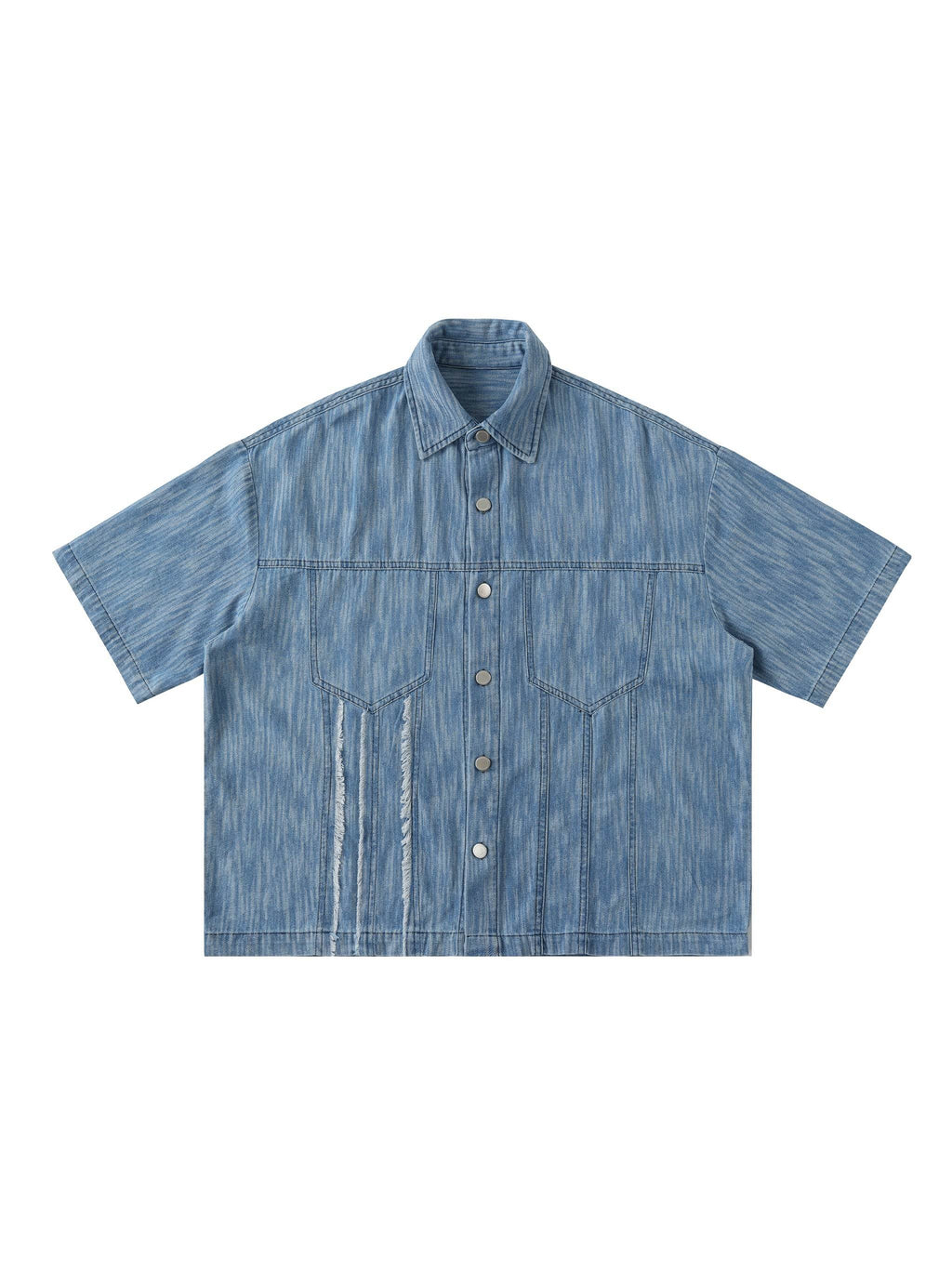 Blue distressed short-sleeve button-up shirt with front buttons and chest patch pockets