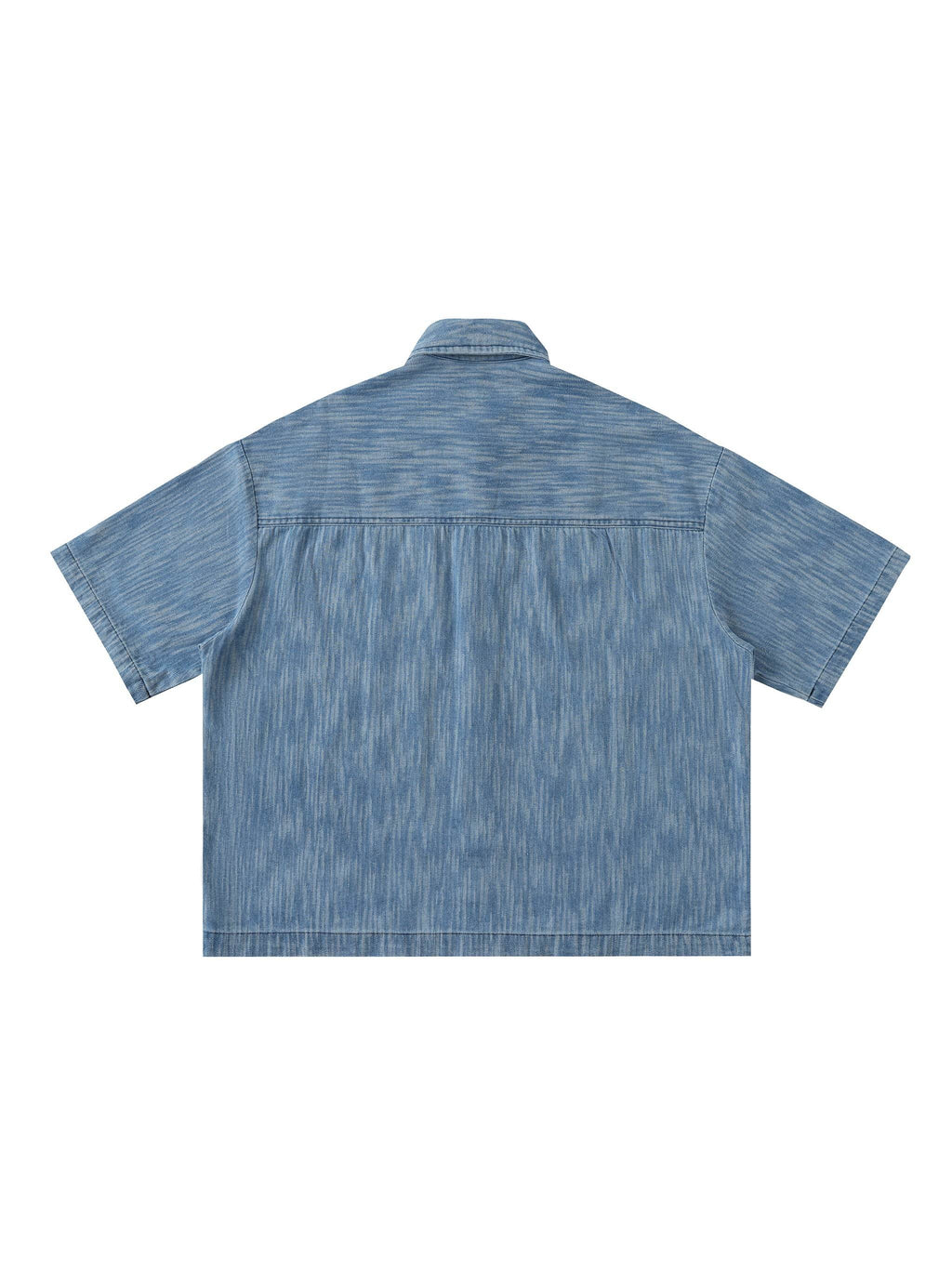Blue distressed short-sleeve button-up shirt, back view with yoke and topstitching