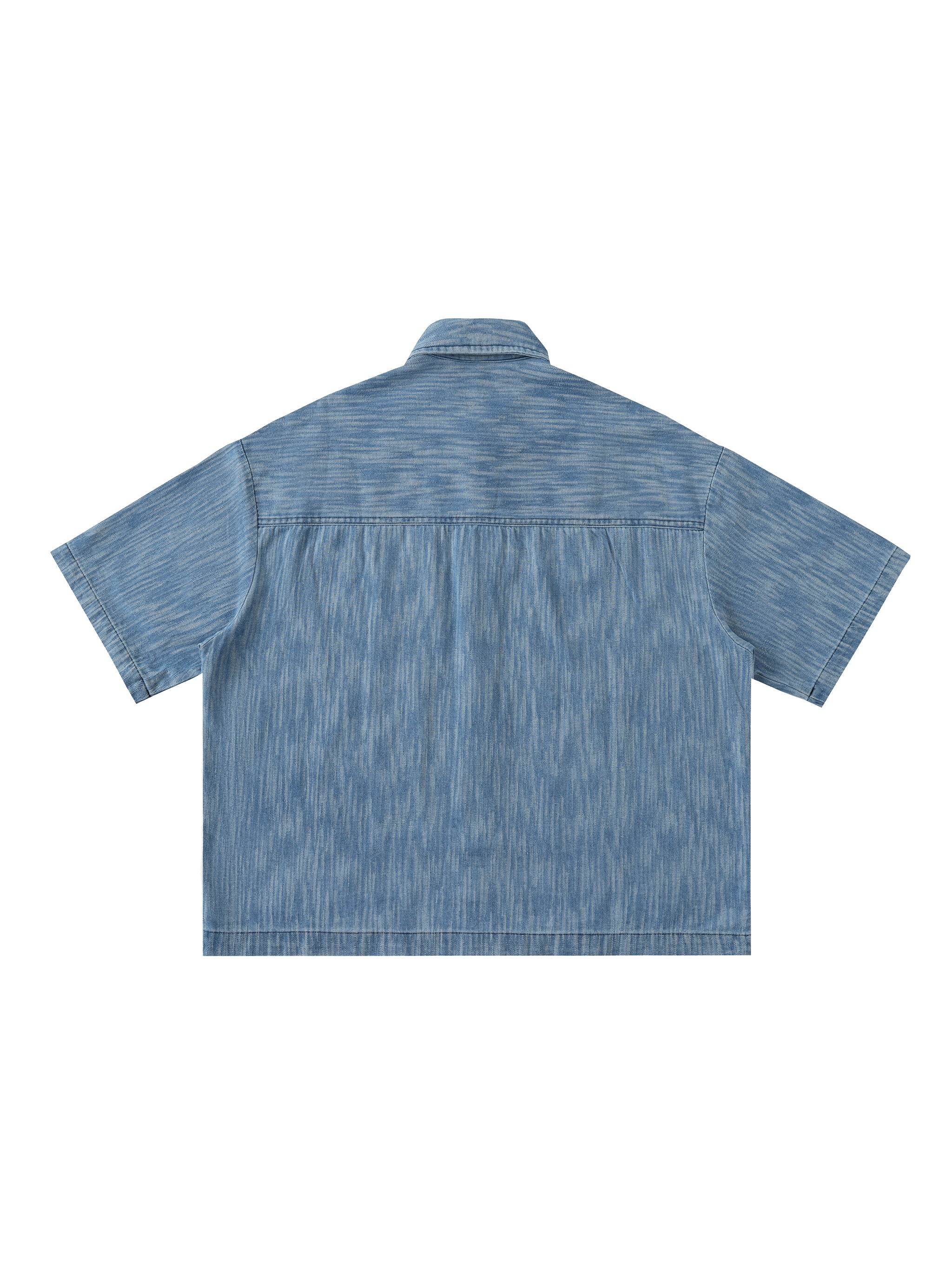 Blue distressed short-sleeve button-up shirt, back view with yoke and topstitching