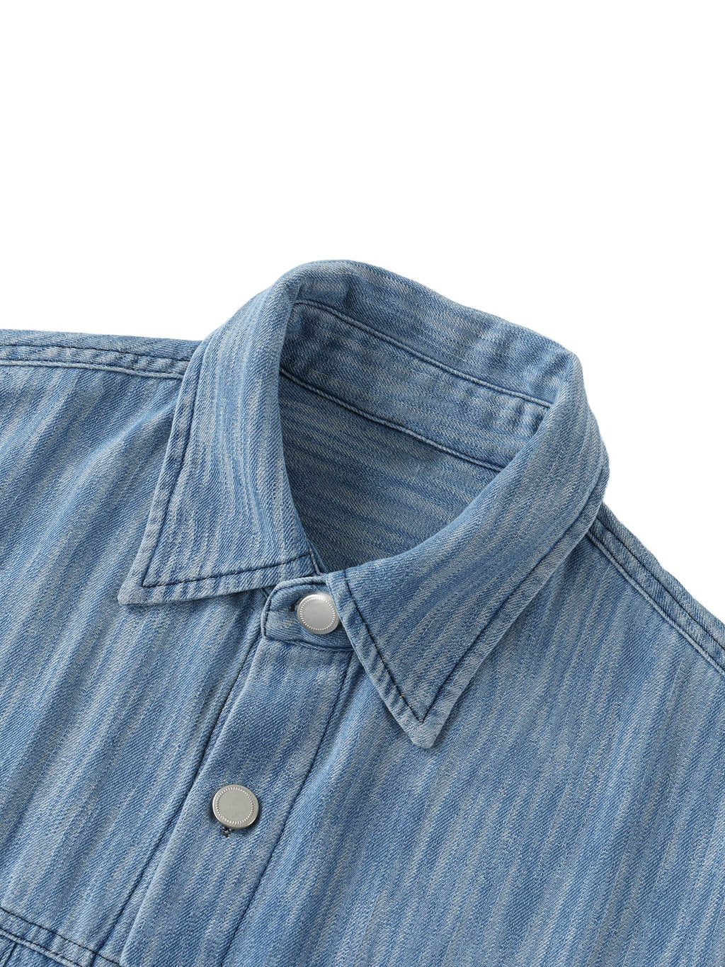 Blue distressed short-sleeve shirt collar with two visible front buttons