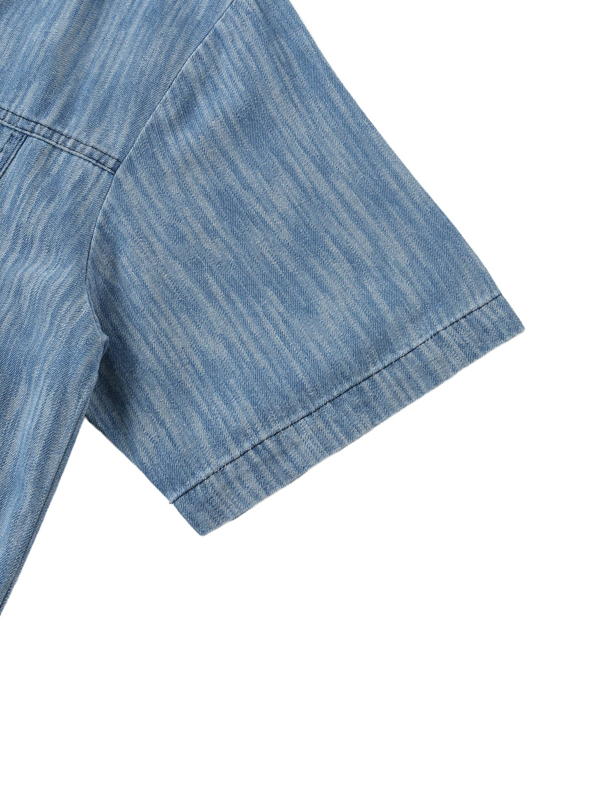 Blue distressed short-sleeve shirt sleeve with stitched cuff and seam details