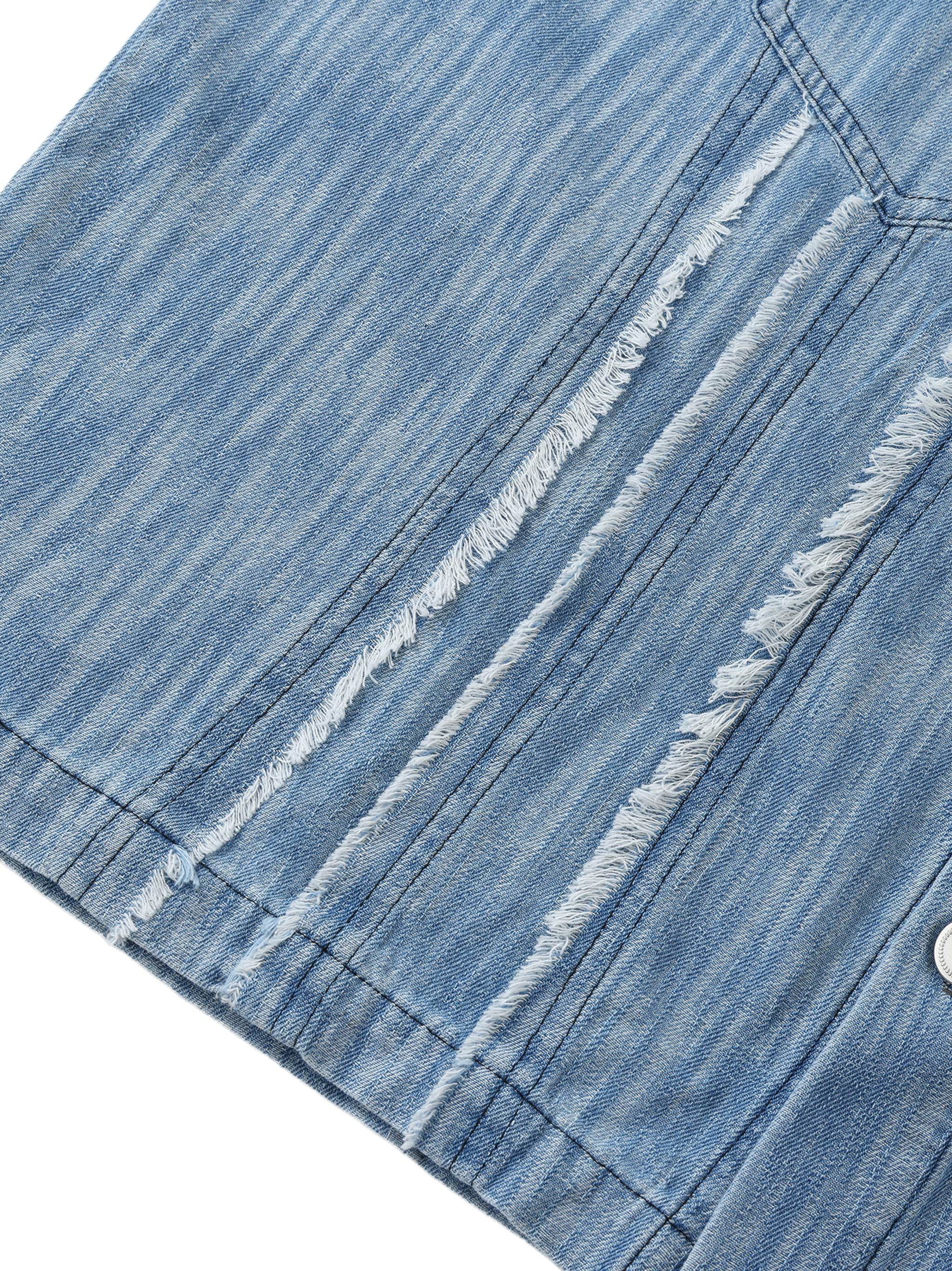 Blue distressed shirt front with frayed vertical panel and contrast seams