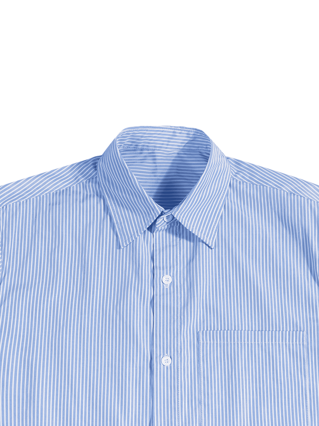 Blue vertical stripe boxy shirt close-up: pointed collar and button placket