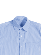 Blue vertical stripe boxy shirt close-up: pointed collar and button placket