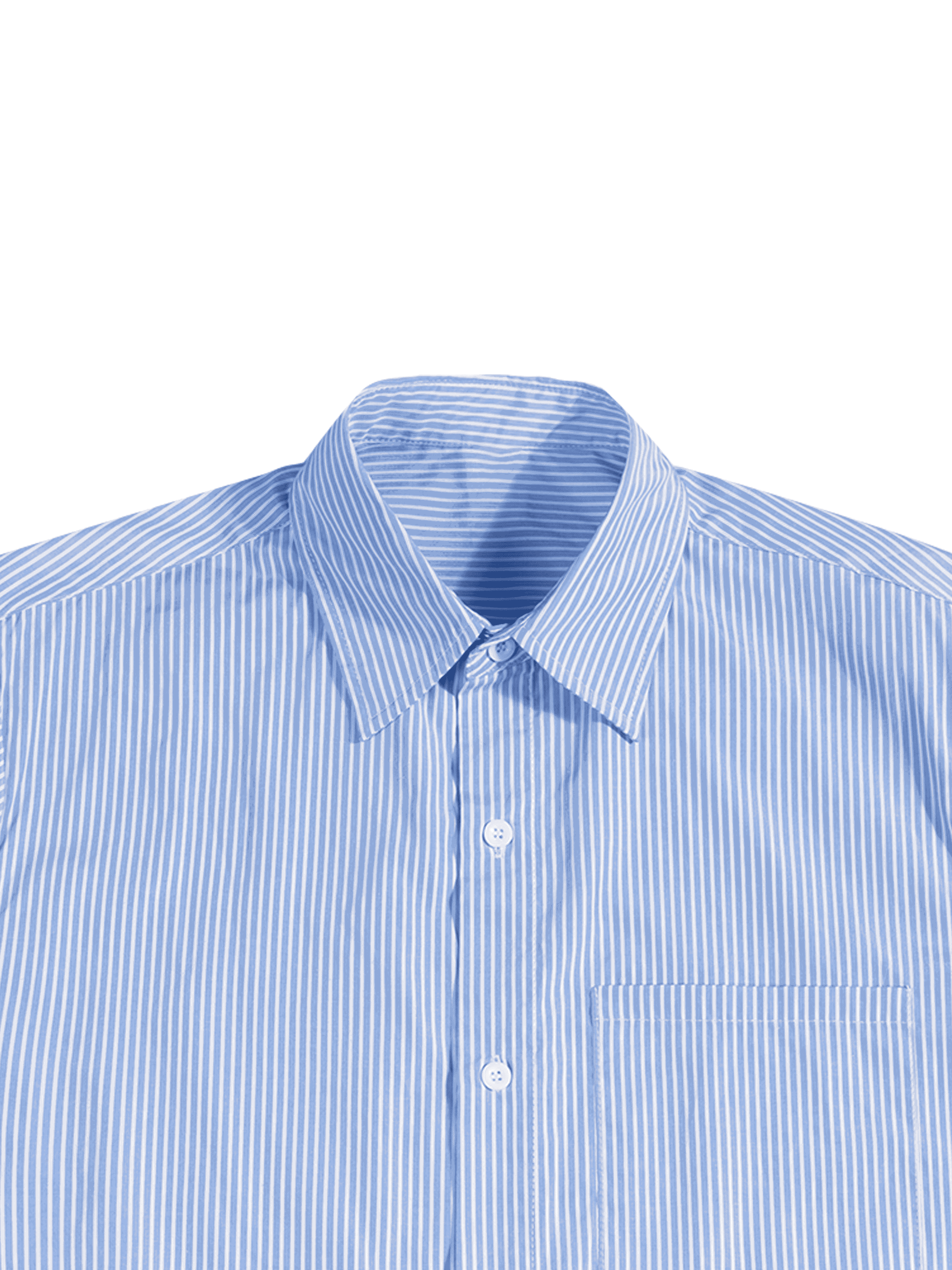 Blue vertical stripe boxy shirt close-up: pointed collar and button placket