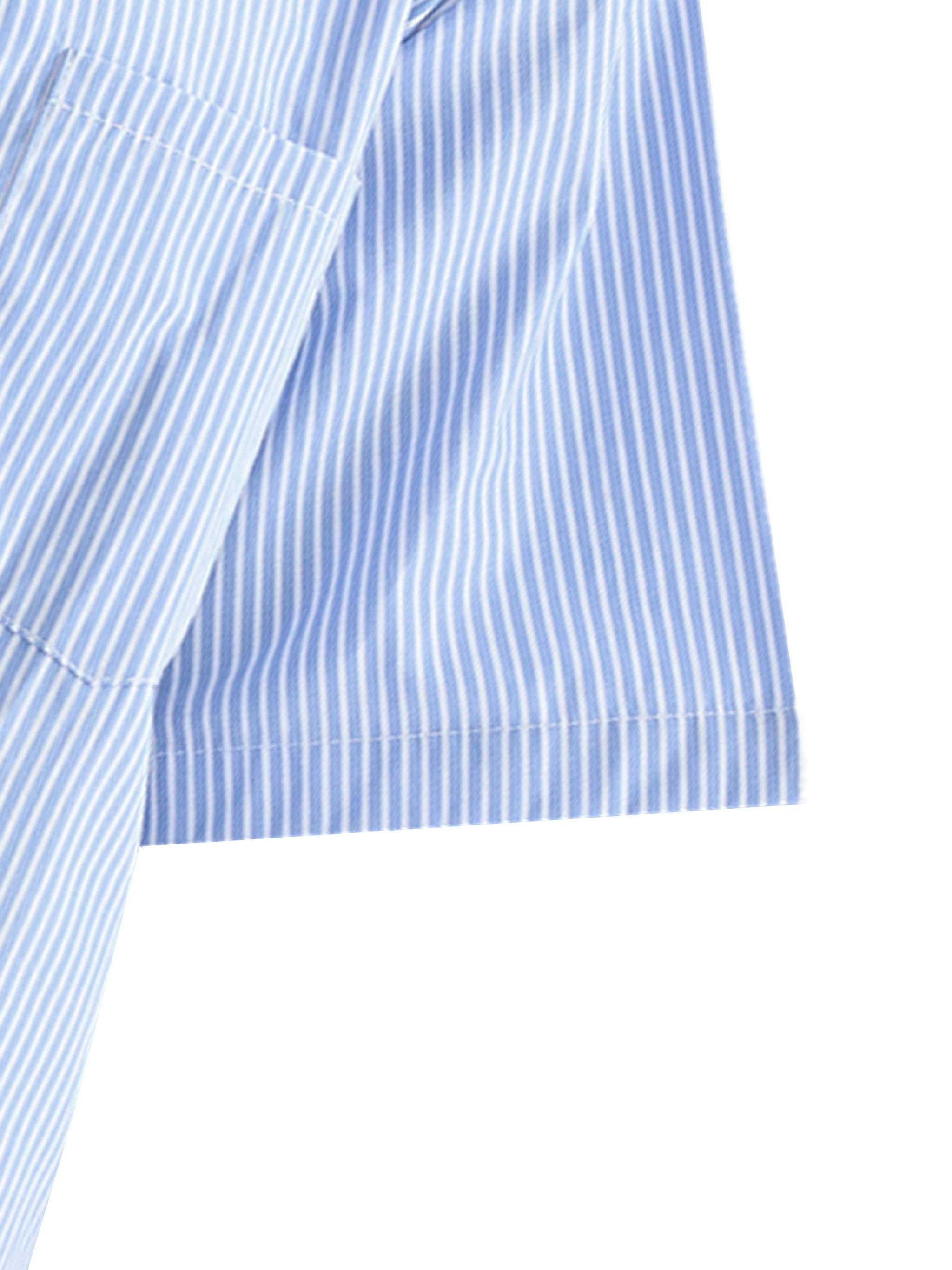Blue vertical striped boxy shirt with button cuff and straight hem