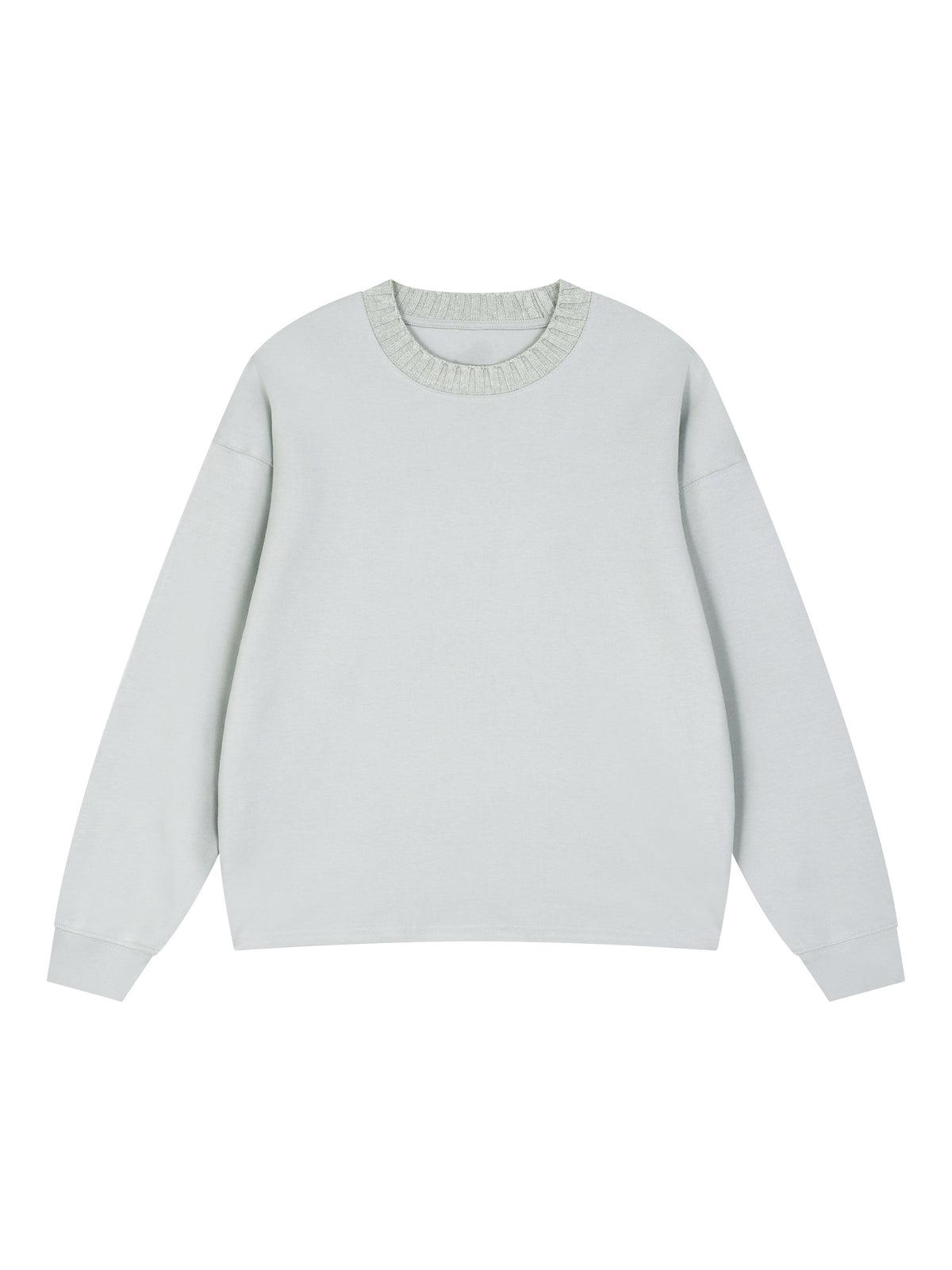 Light gray knitted oversize sweatshirt with crew round neck and long sleeves, front view