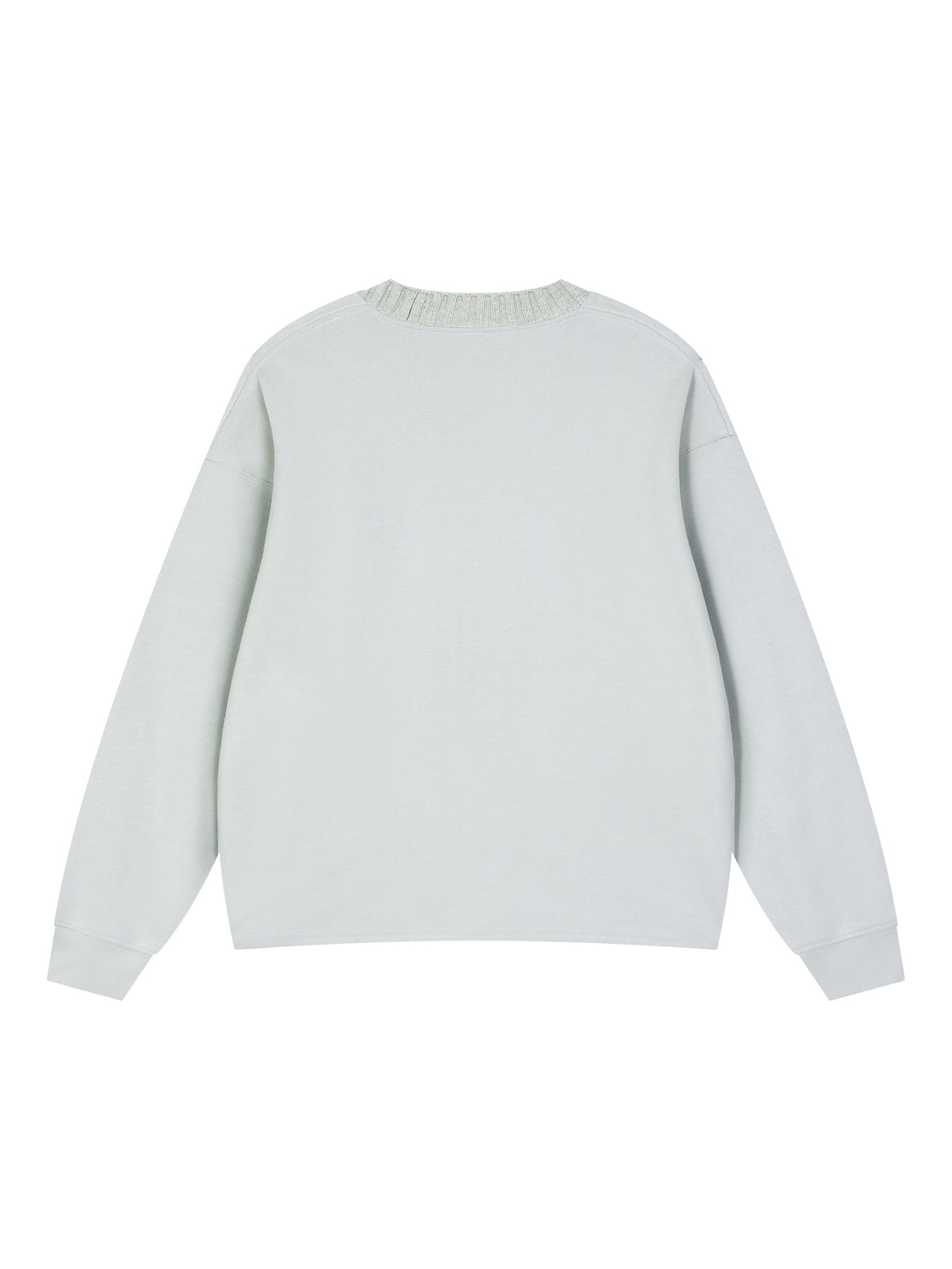 Light gray knitted oversize sweatshirt with crew round neck and long sleeves, back view