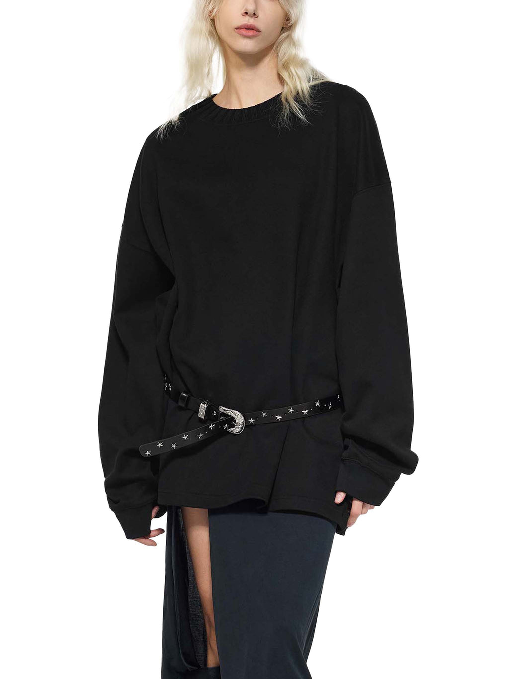 Black oversized knit sweatshirt with round neckline and studded waist belt detail