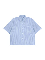 Light blue vertical stripe boxy shirt, short sleeves, button-front