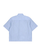 Light blue vertical stripe boxy shirt, short sleeves, button-back view