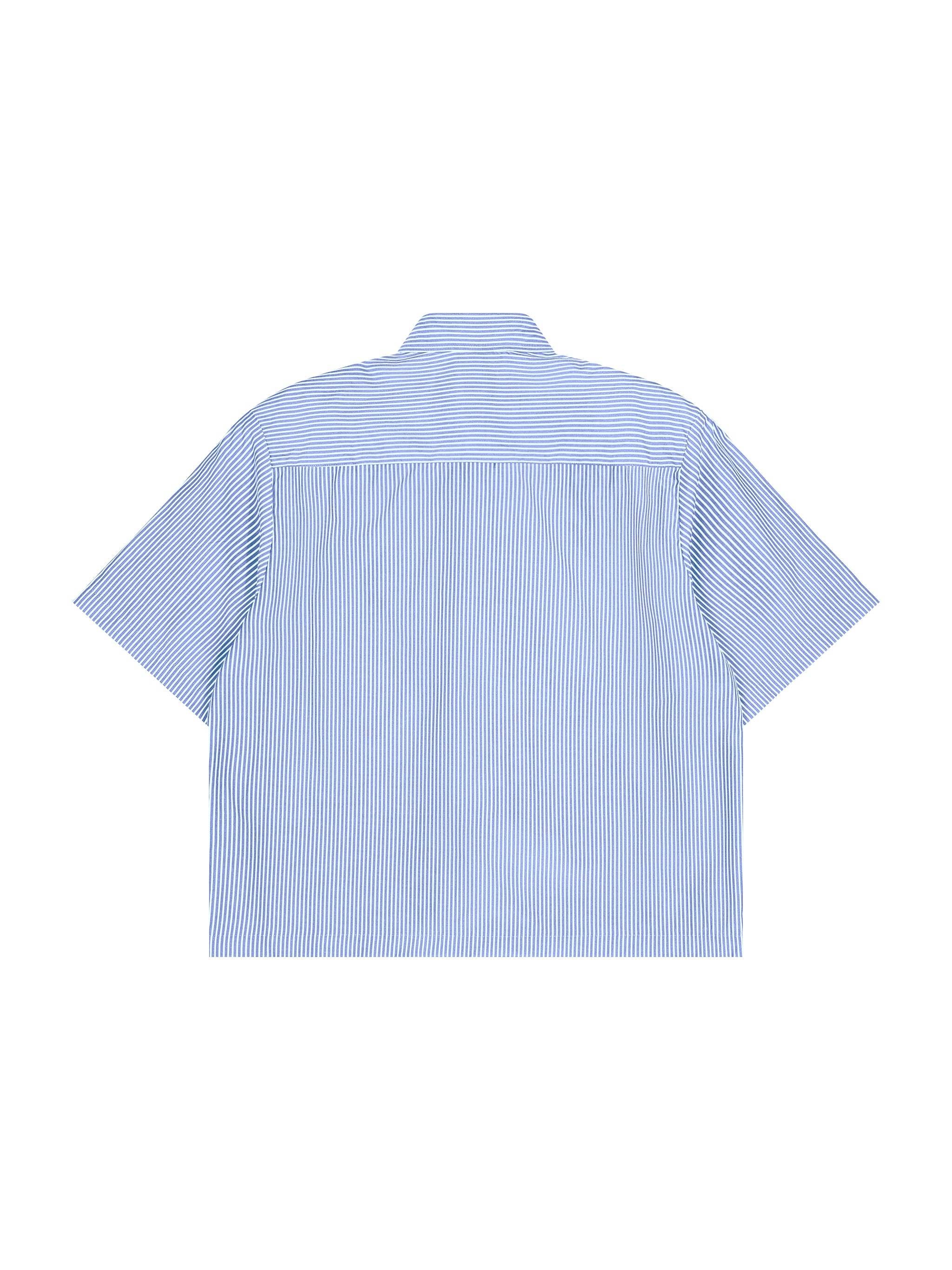 Light blue vertical stripe boxy shirt, short sleeves, button-back view