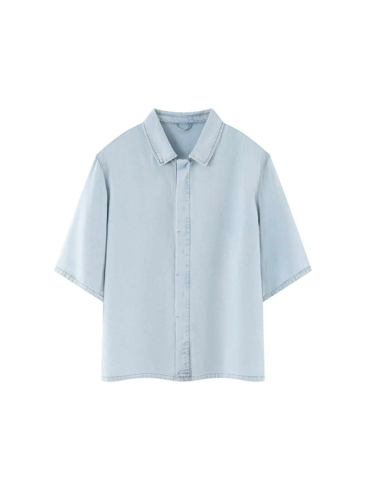 Light blue lyocell drop-shoulder button-up shirt with pointed collar and short sleeves.
