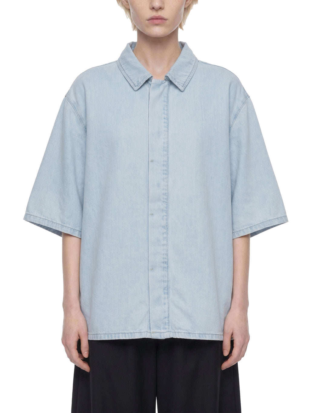 Light blue vintage-wash lyocell button-up shirt with drop shoulders and short sleeves