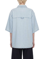 Light blue vintage-wash lyocell shirt, back view, drop shoulders and short sleeves