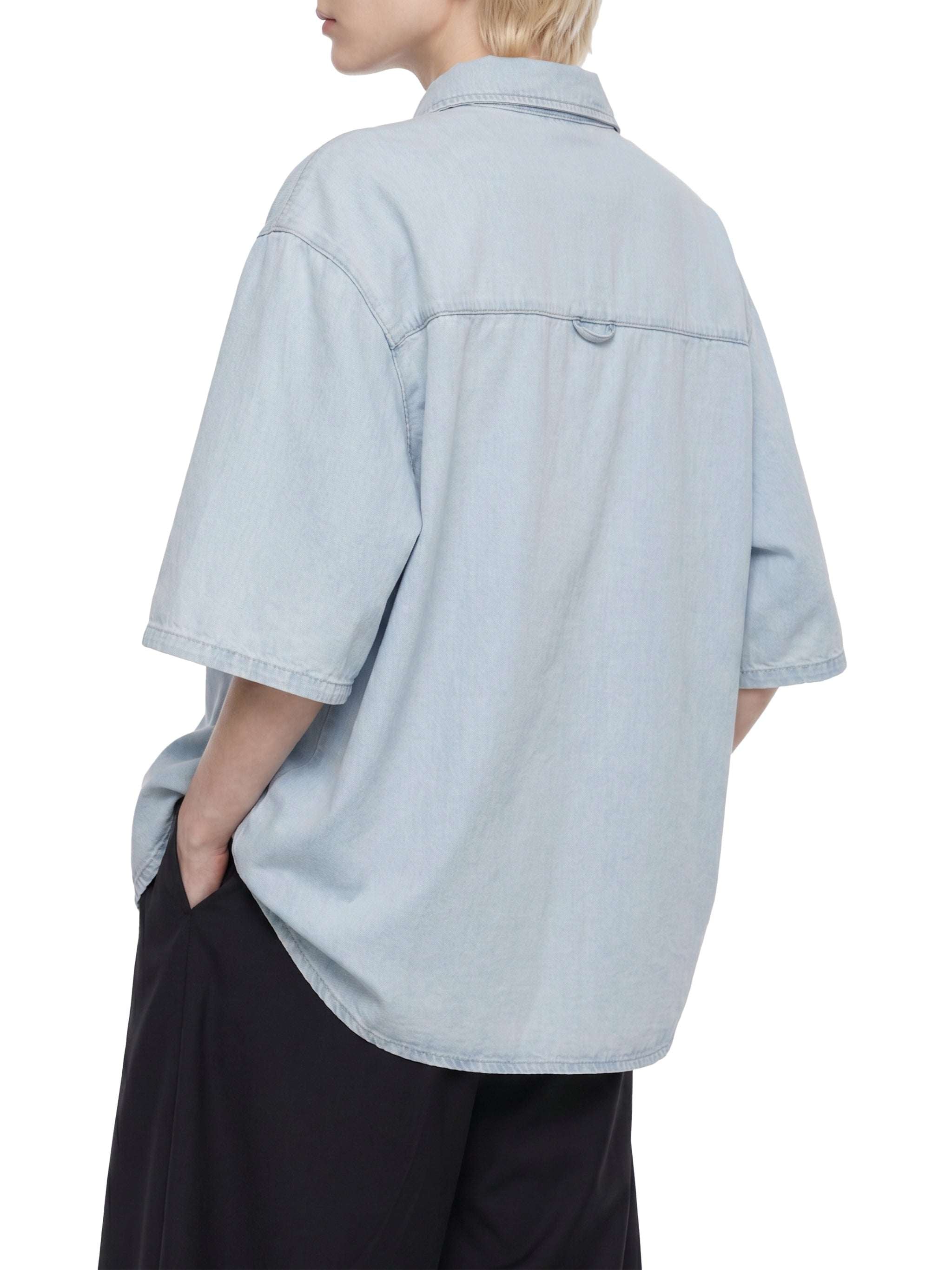 Light blue vintage-wash lyocell button-up shirt with drop shoulders and short sleeves