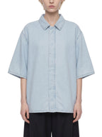 Light blue unisex vintage-wash lyocell drop-shoulder shirt, short sleeves, button collar