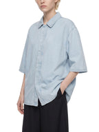 Light blue unisex vintage-wash lyocell drop-shoulder shirt, button-front, short sleeves
